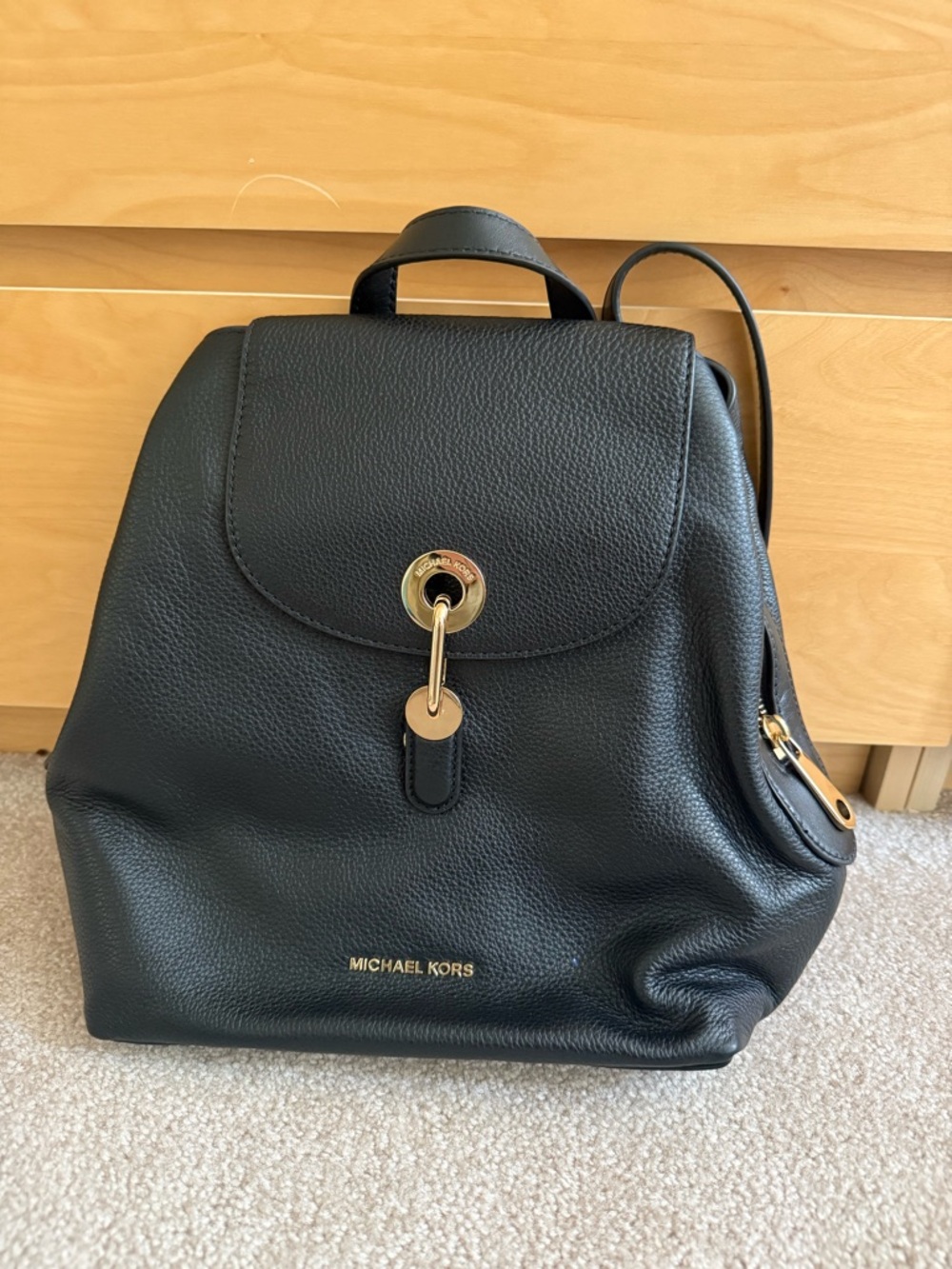 REAL Michael Kors Black Pebbled Leather Backpack with Gold Accents